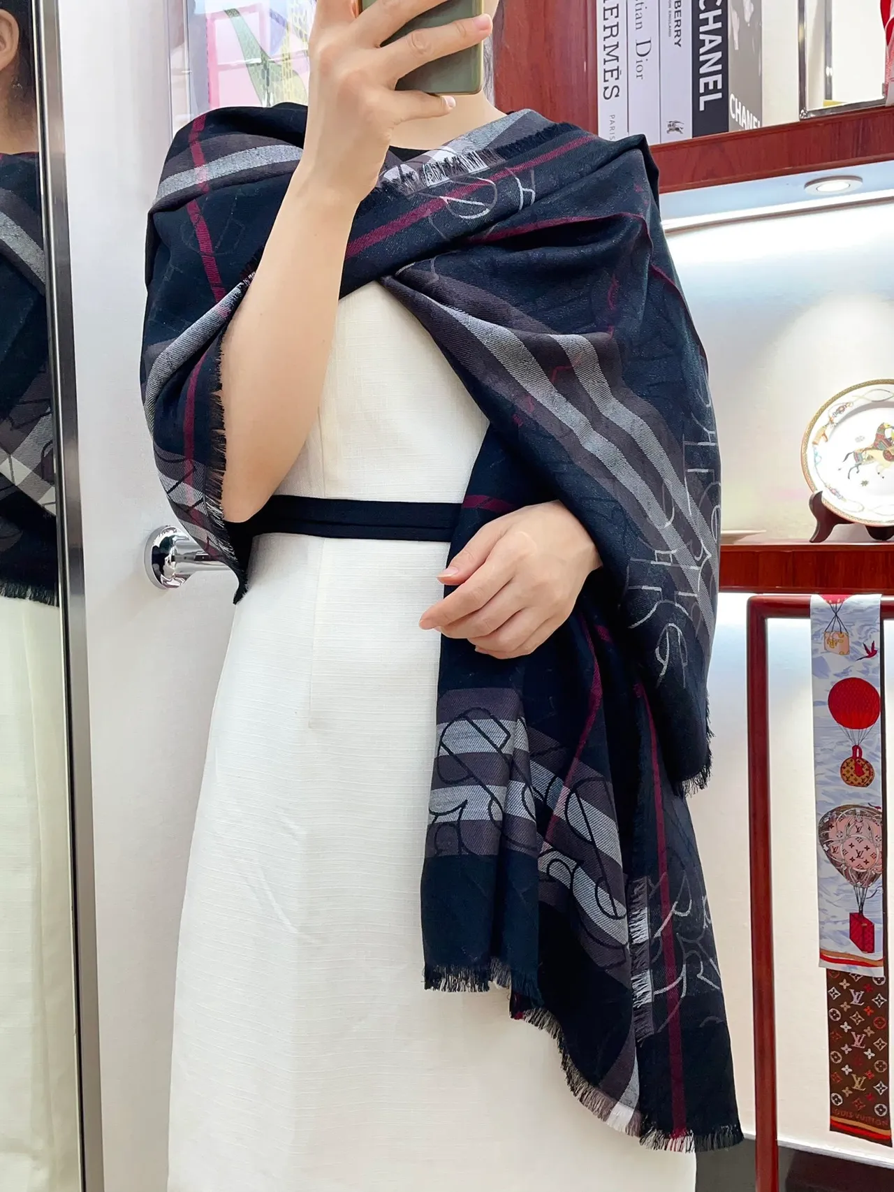 Burberry Écharpe Monogram Check Marine Blanc Overlay Bordes Frangés Écharpe en Cachemire 2