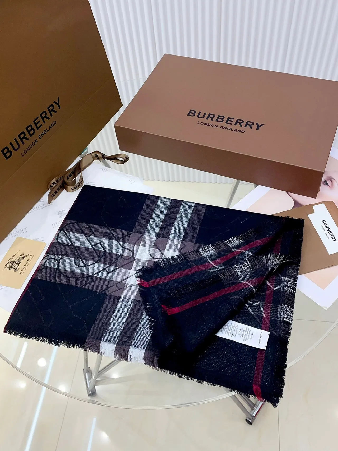 Burberry Écharpe Monogram Check Marine Blanc Overlay Bordes Frangés Écharpe en Cachemire 5