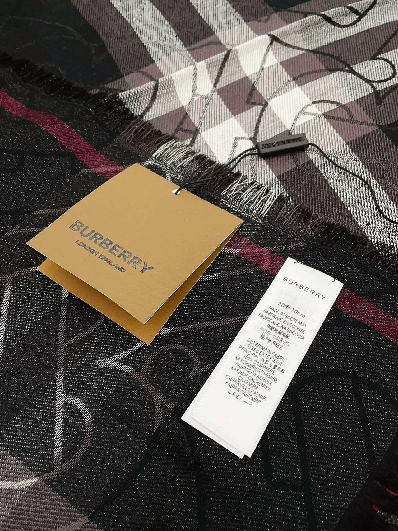 Burberry Écharpe Monogram Check Marine Blanc Overlay Bordes Frangés Écharpe en Cachemire 7