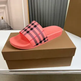 Burberry Pink Black Molded Rubber Sole Wide Check-Print Strap Slippers