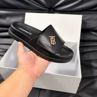 Burberry Slide Black Gold Leather Strap Monogram Plaque Slippers