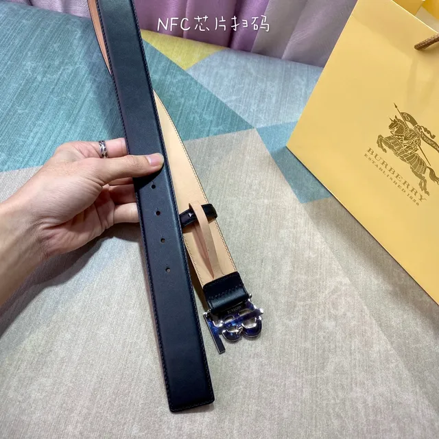 Burberry TB Belt Preto Bege Monograma Fivela Cinto de Couro Liso 4