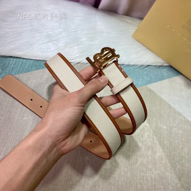 Burberry TB Monogram Beige Brown Leather-Trimmed Canvas Belt 2