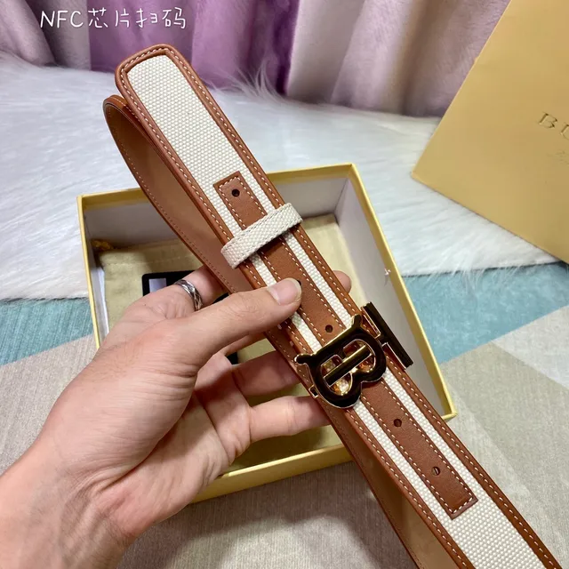 Burberry TB Monogram Beige Brown Leather-Trimmed Canvas Belt 5