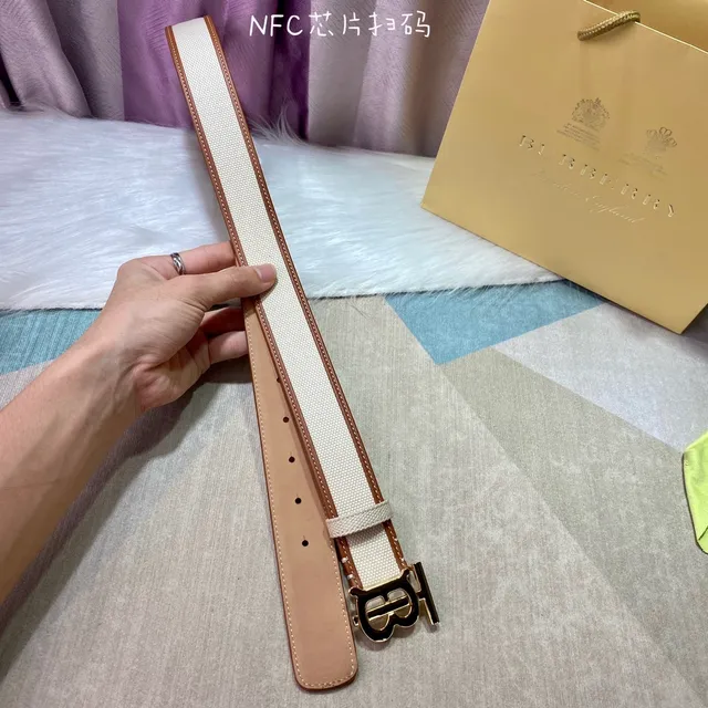 Burberry TB Monogram Beige Brown Leather-Trimmed Canvas Belt 6