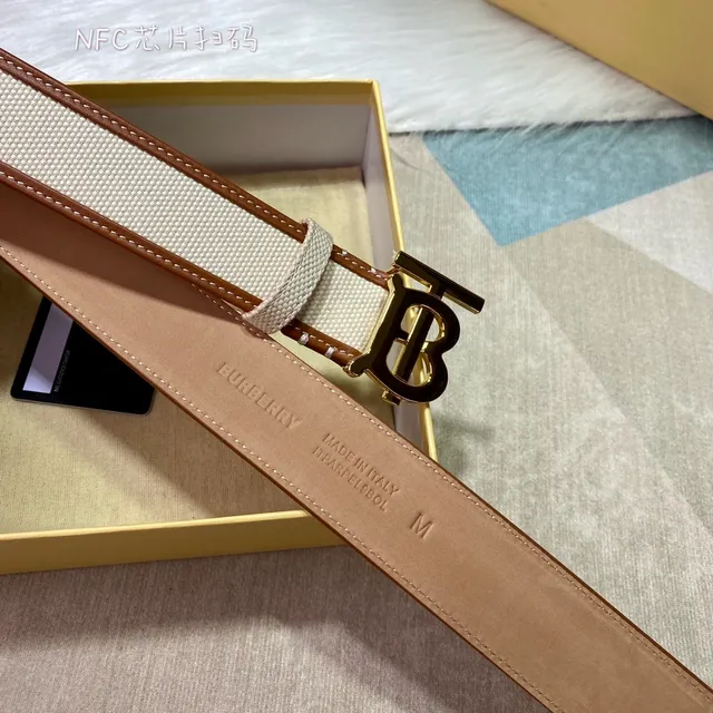 Burberry TB Monogram Beige Brown Leather-Trimmed Canvas Belt 8