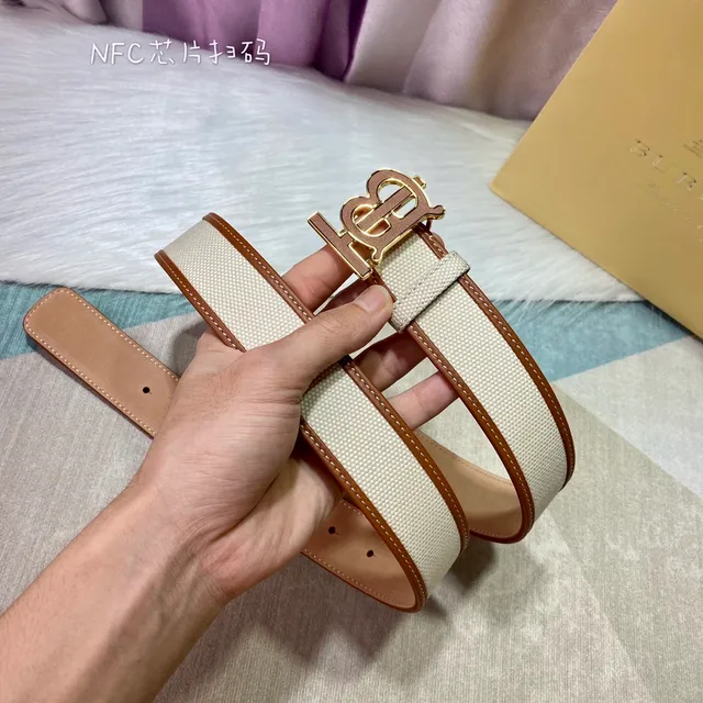 Burberry TB Monogram Beige Brown Strap Leather Trim Canvas Belt 2