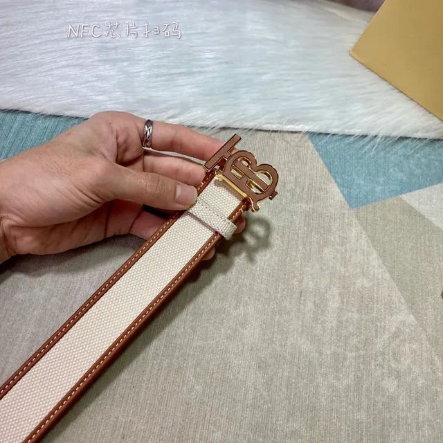Burberry TB Monogram Beige Brown Strap Leather Trim Canvas Belt 3