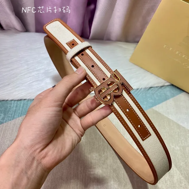 Burberry TB Monogram Beige Brown Strap Leather Trim Canvas Belt 4