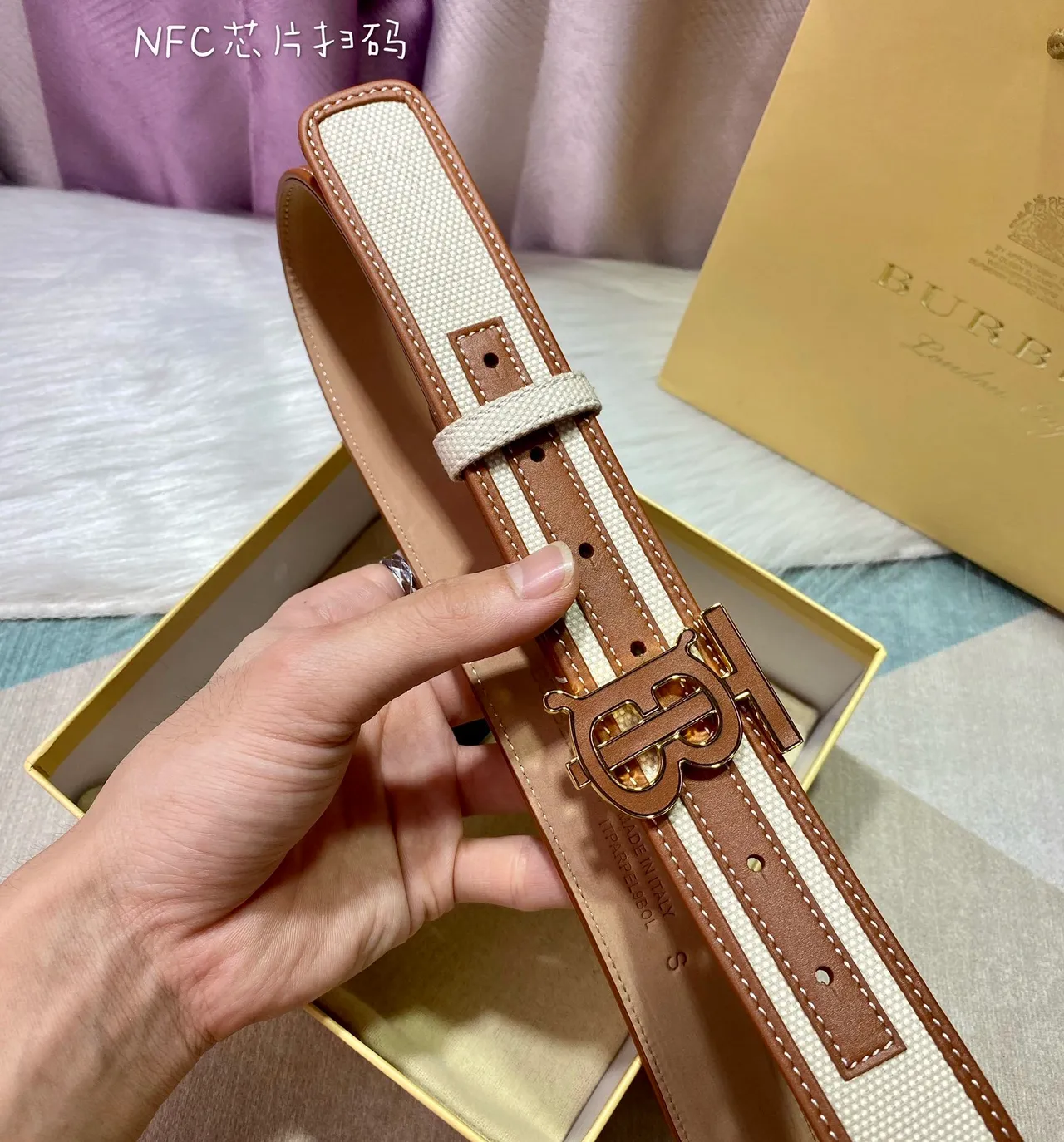 Burberry TB Monogram Beige Brown Strap Leather Trim Canvas Belt 5