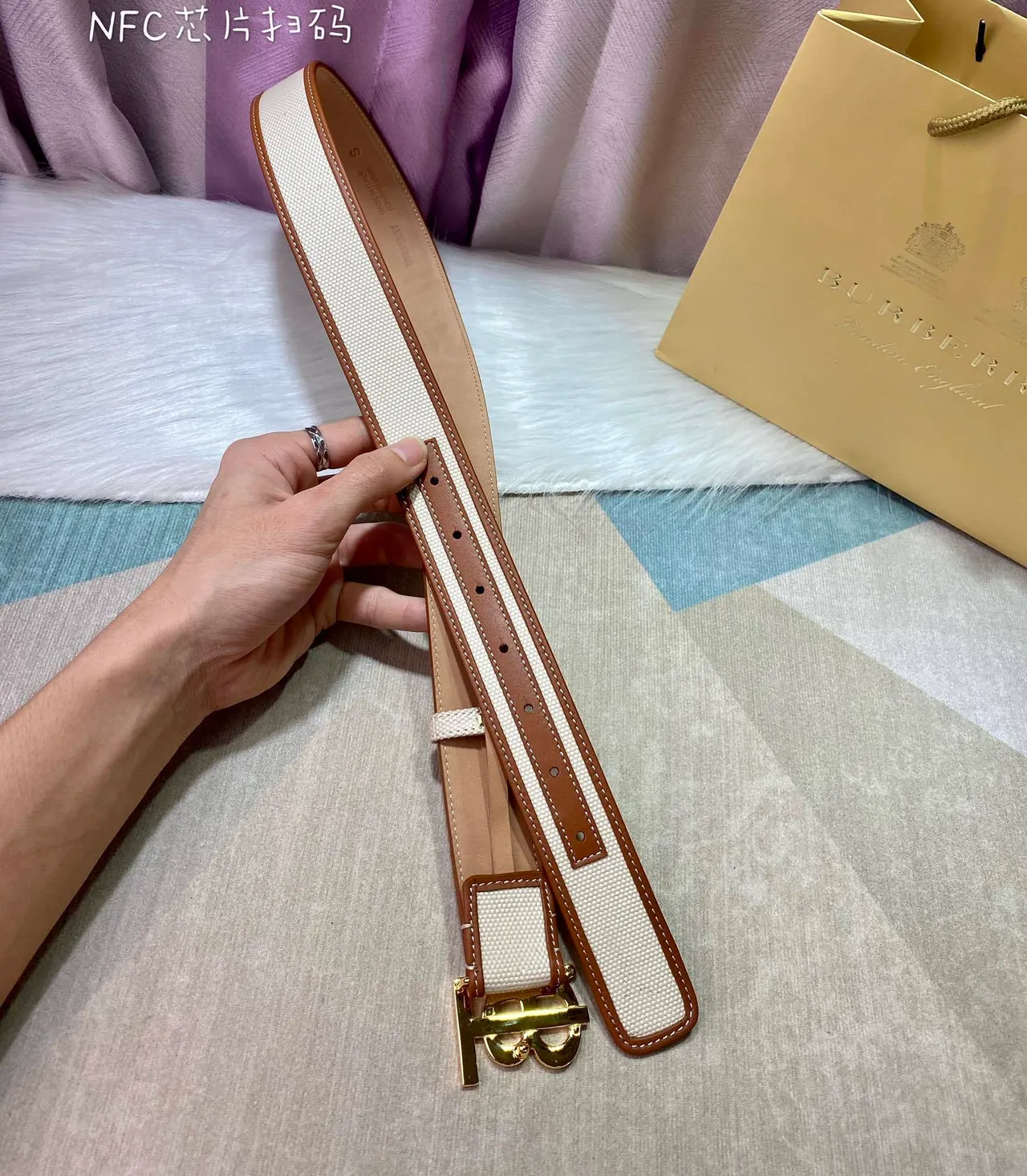 Burberry TB Monogram Beige Brown Strap Leather Trim Canvas Belt 6