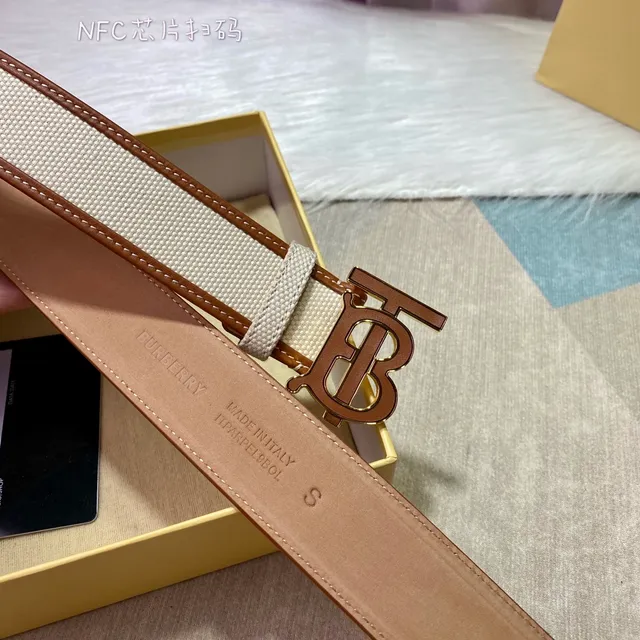 Burberry TB Monogram Beige Brown Strap Leather Trim Canvas Belt 8