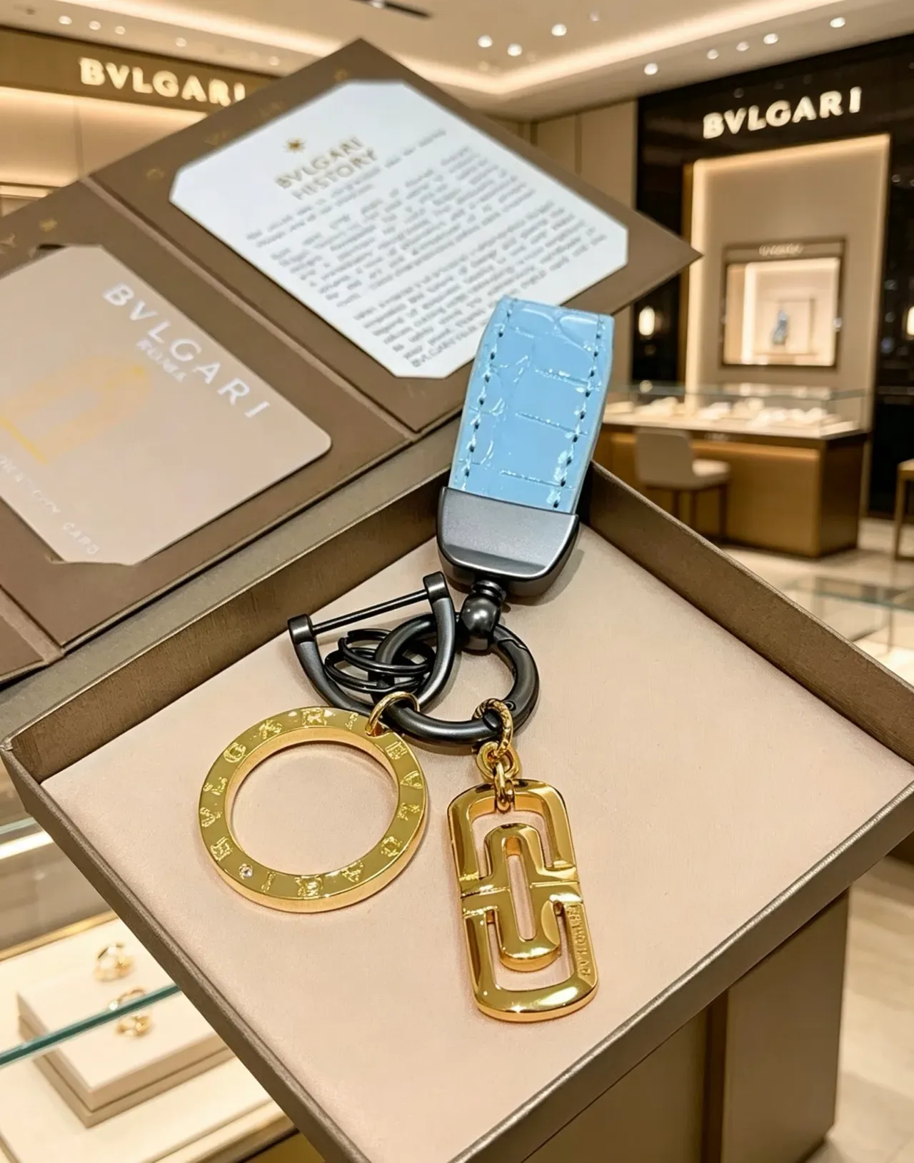 Bvlgari Logo Charm Keychain Blue Gold Light Croc-Embossed Leather Engraved Charms Jewelry 2