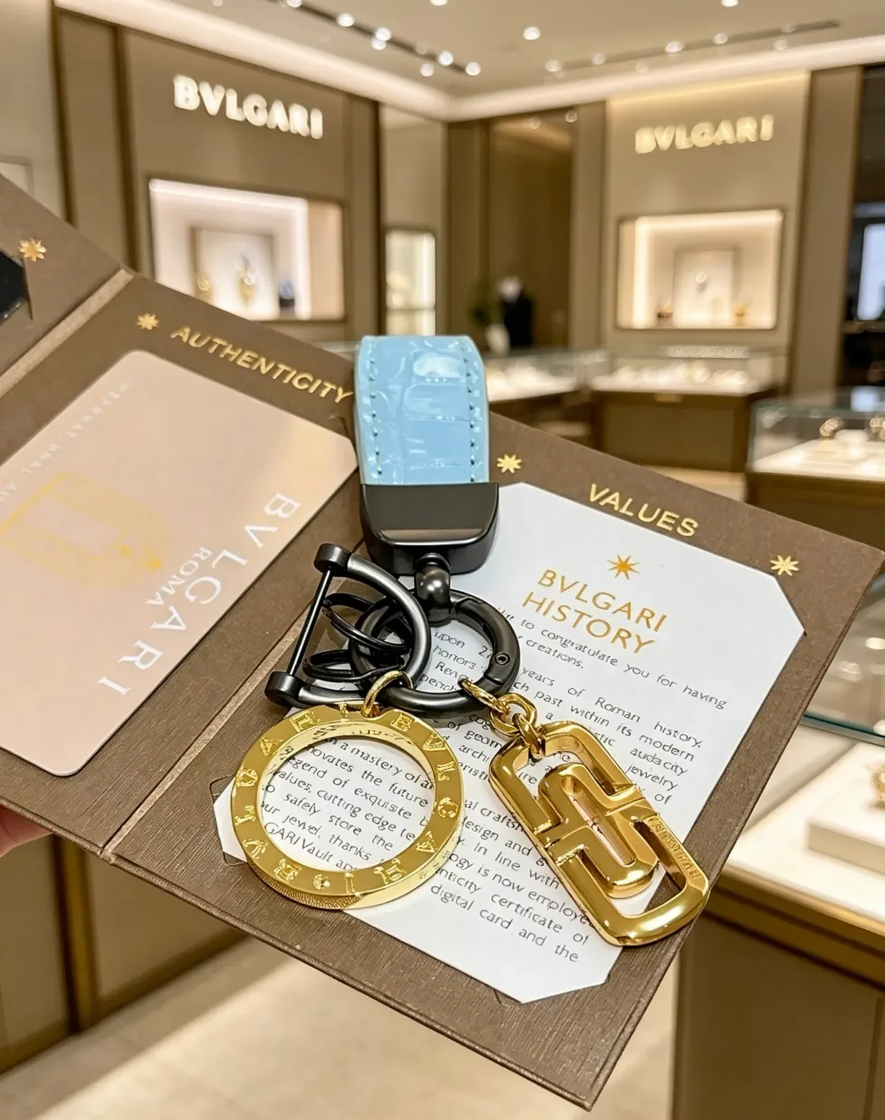 Bvlgari Logo Charm Keychain Blue Gold Light Croc-Embossed Leather Engraved Charms Jewelry 3