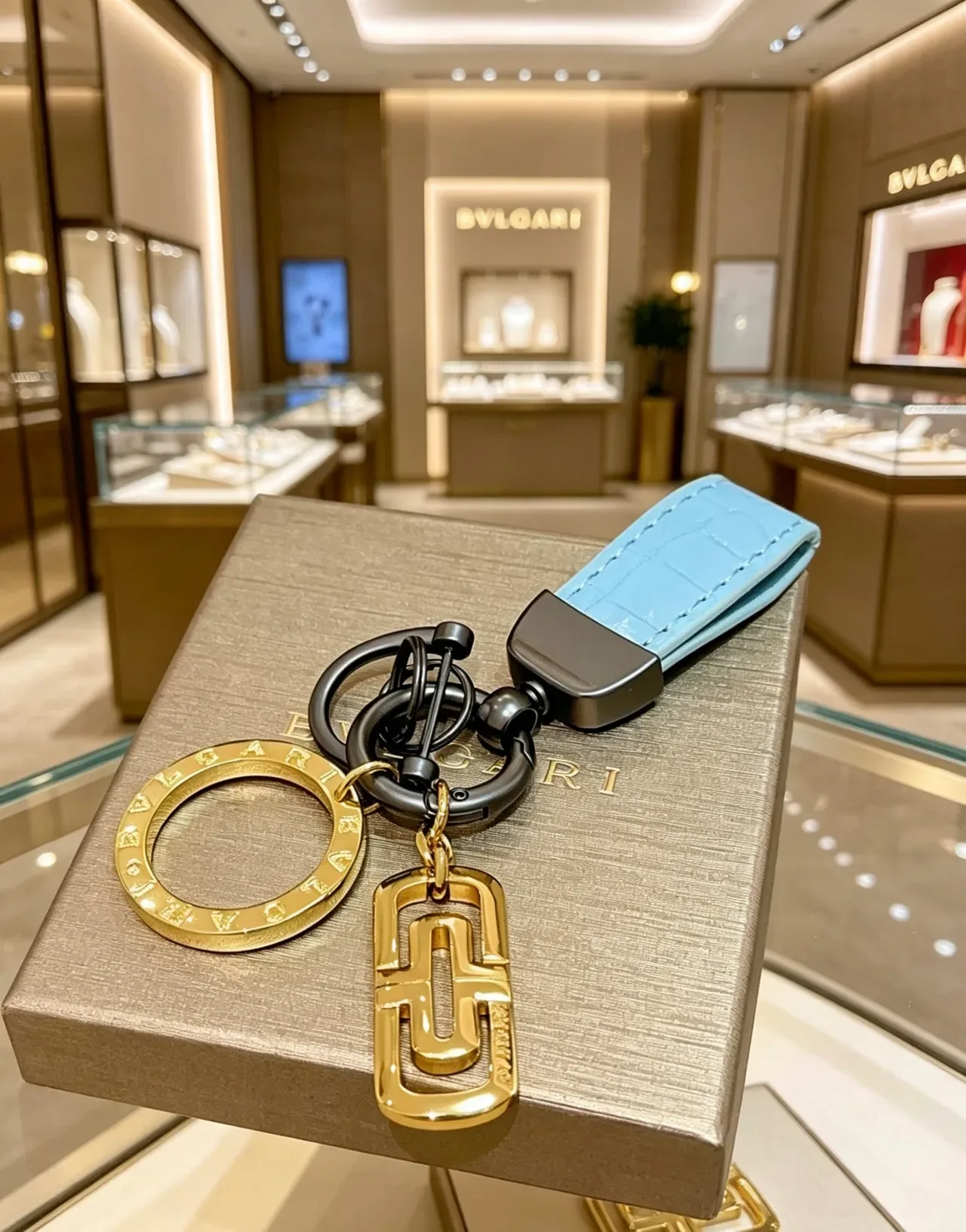 Bvlgari Logo Charm Keychain Blue Gold Light Croc-Embossed Leather Engraved Charms Jewelry 4