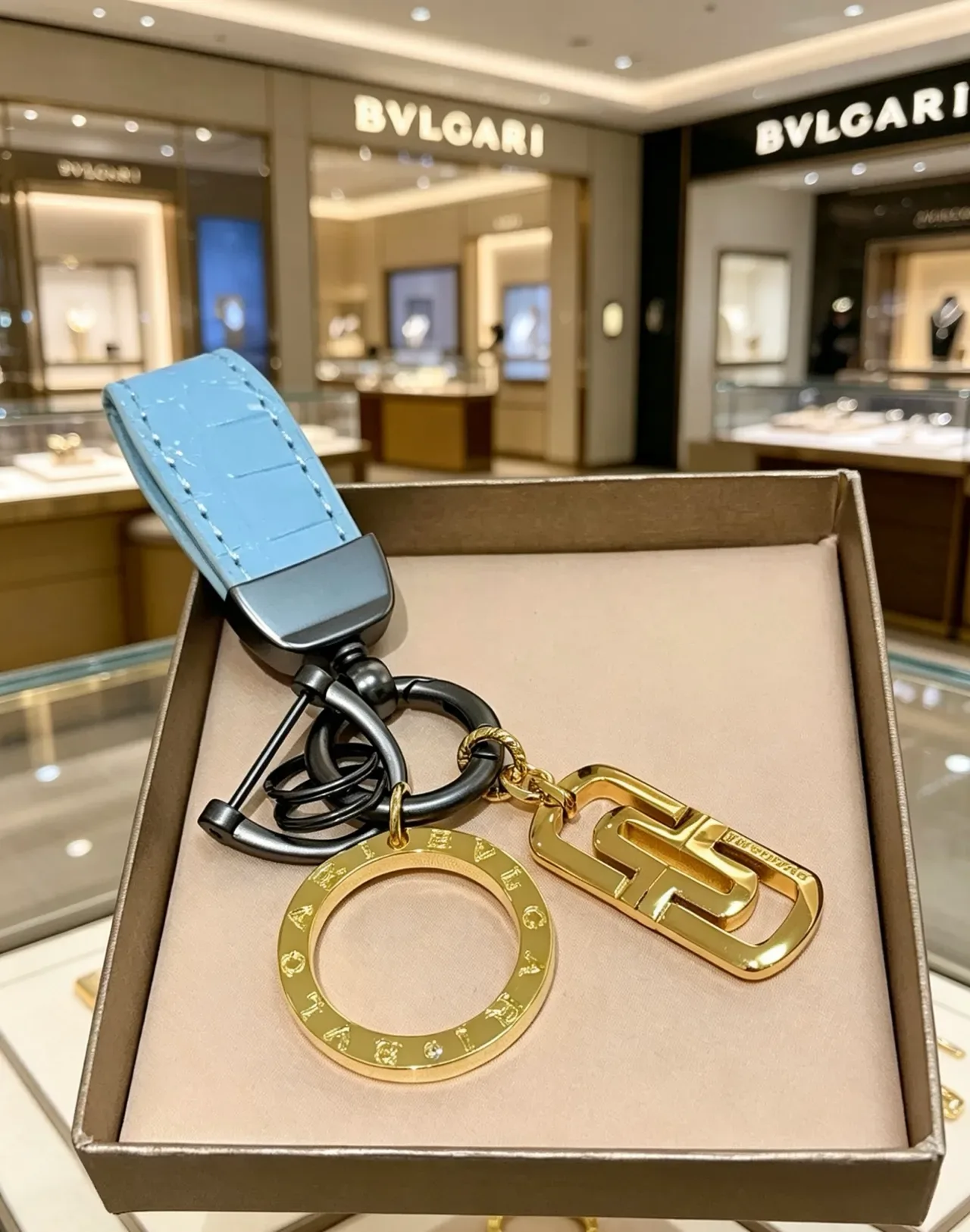 Bvlgari Logo Charm Keychain Blue Gold Light Croc-Embossed Leather Engraved Charms Jewelry 5
