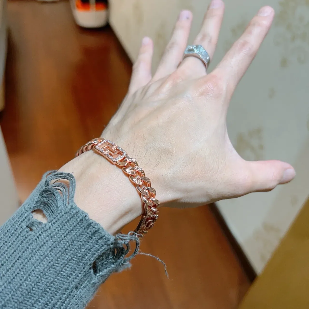 Bvlgari Bracelet Chaîne Curb Chunky Argent Rose Pavé-Set Pierres 4