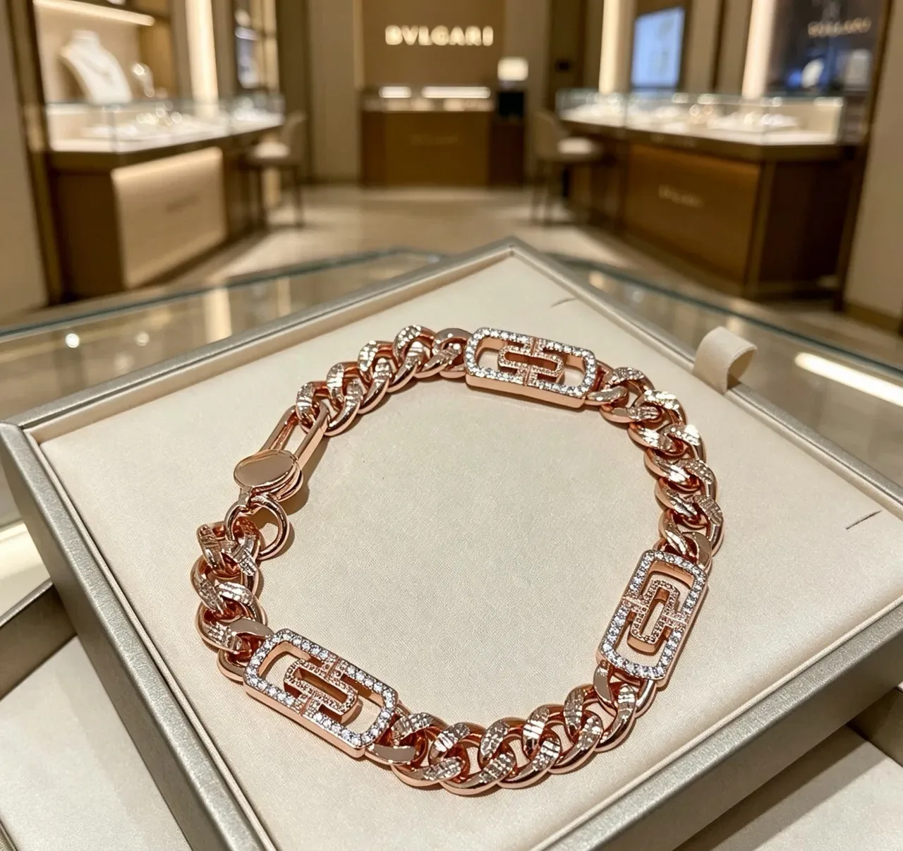 Bvlgari Bracelet Chaîne Curb Chunky Argent Rose Pavé-Set Pierres 9