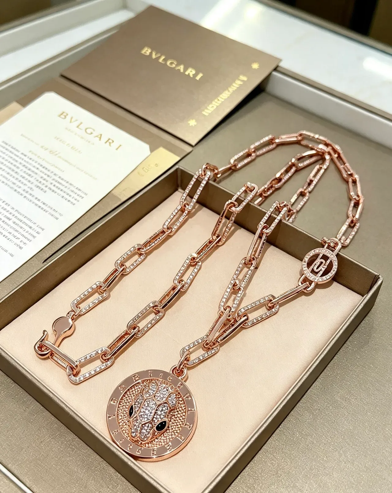 Bvlgari Serpenti Diamond-Encrusted Rose Gold Serpent Head Necklace 2