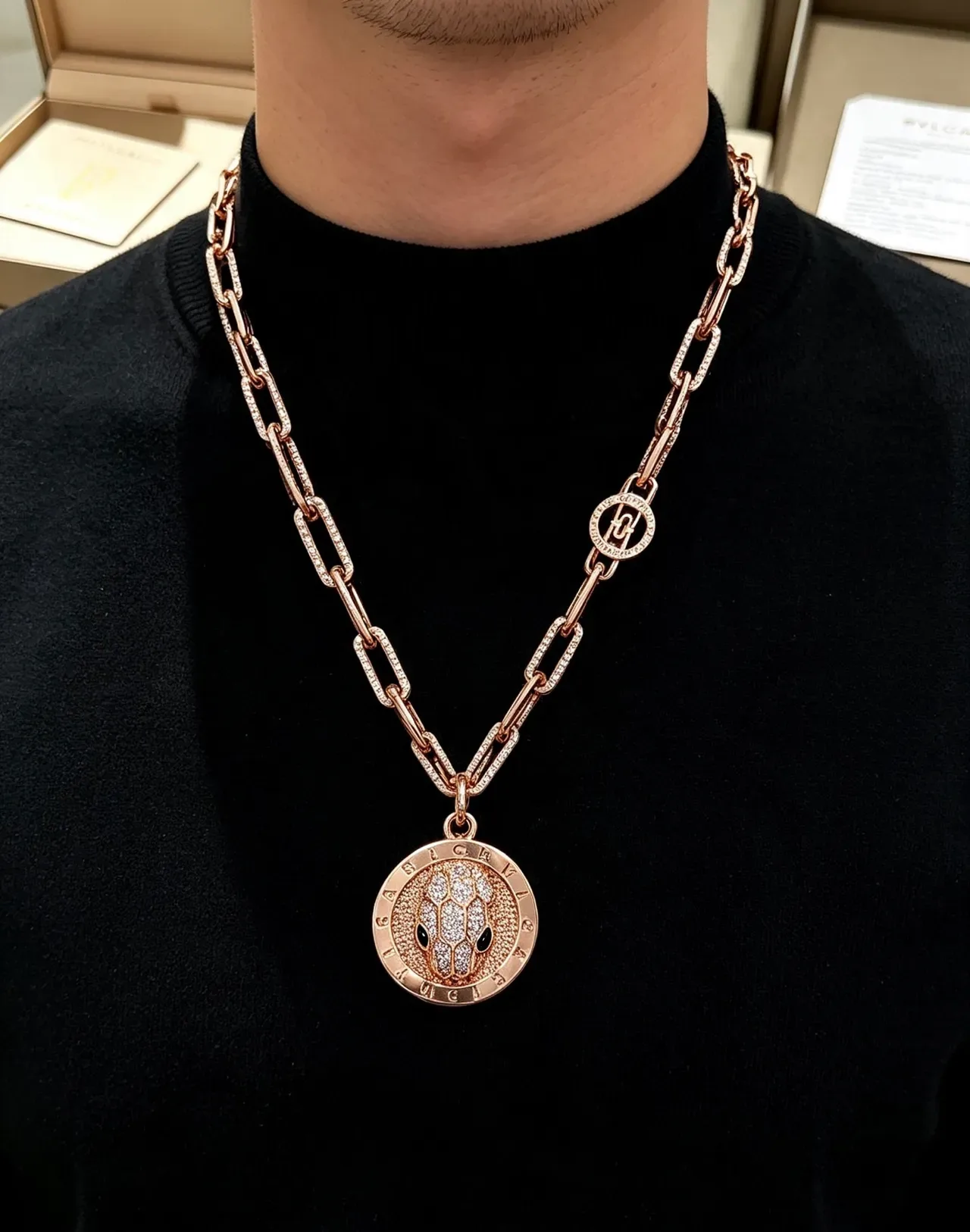 Bvlgari Serpenti Diamond-Encrusted Rose Gold Serpent Head Necklace 5
