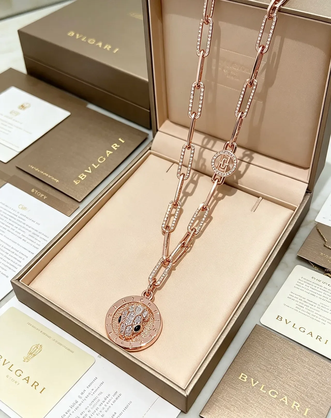 Bvlgari Serpenti Diamond-Encrusted Rose Gold Serpent Head Necklace 6