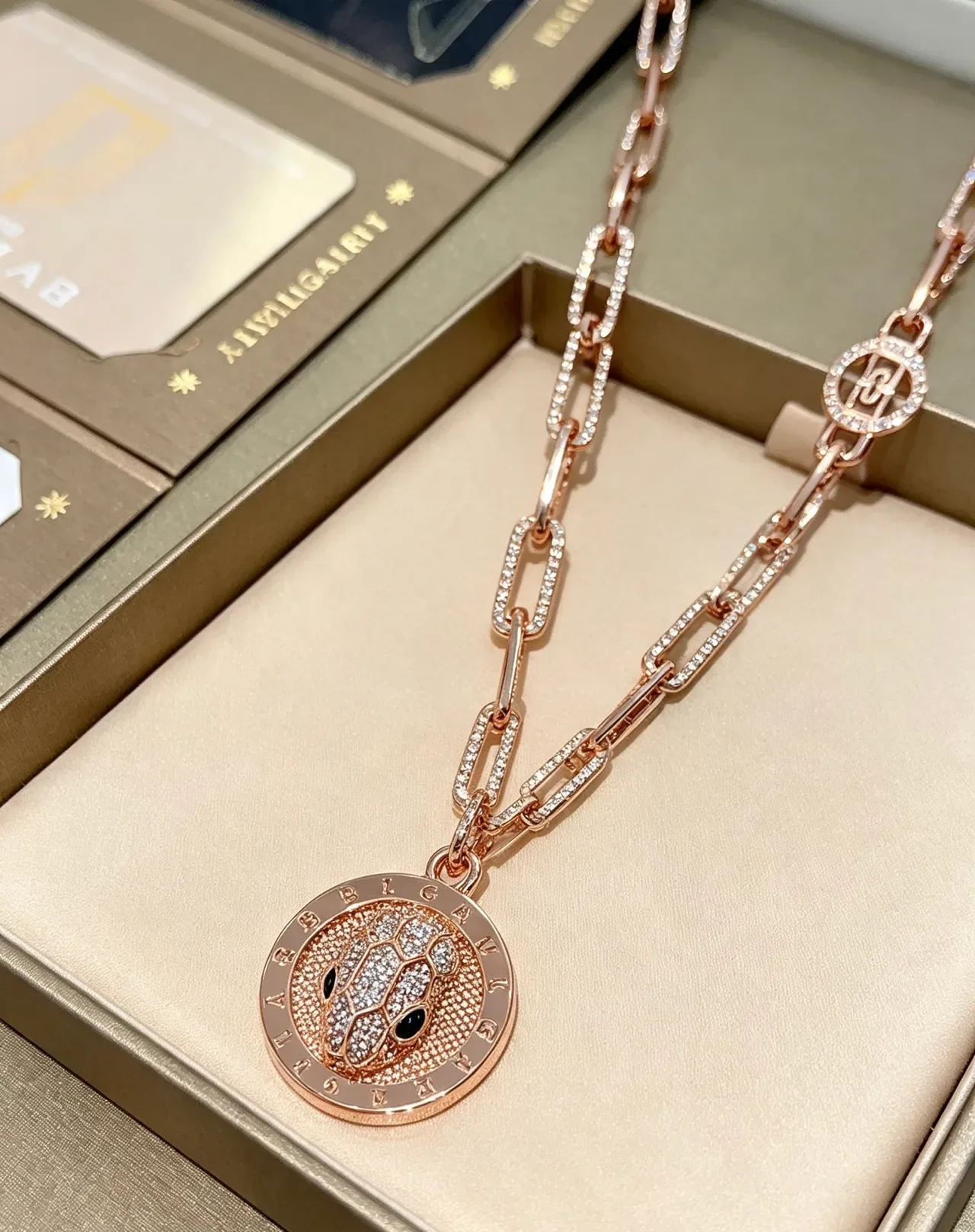 Bvlgari Serpenti Diamond-Encrusted Rose Gold Serpent Head Necklace 7
