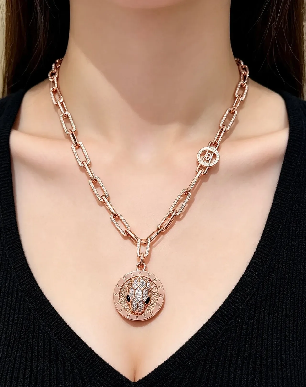 Bvlgari Serpenti Diamond-Encrusted Rose Gold Serpent Head Necklace 8