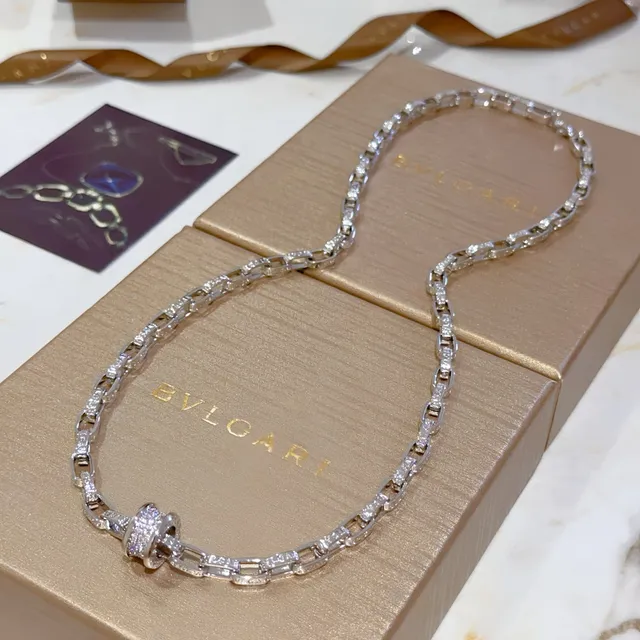Bvlgari Corrente de Prata e Ouro com Pavé de Diamantes Enlaces Geométricos Articulados Colar 6