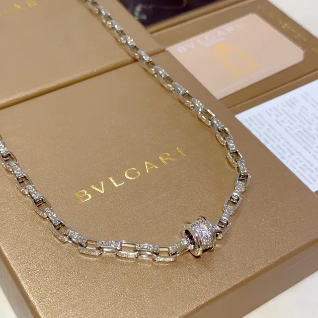 Bvlgari Corrente de Prata e Ouro com Pavé de Diamantes Enlaces Geométricos Articulados Colar 9