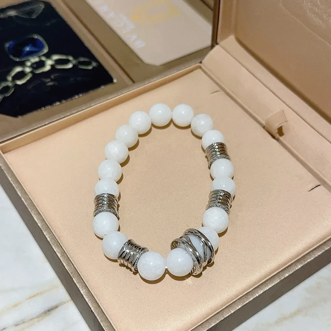 Bvlgari White Silver Beaded Stretch Bracelet 2