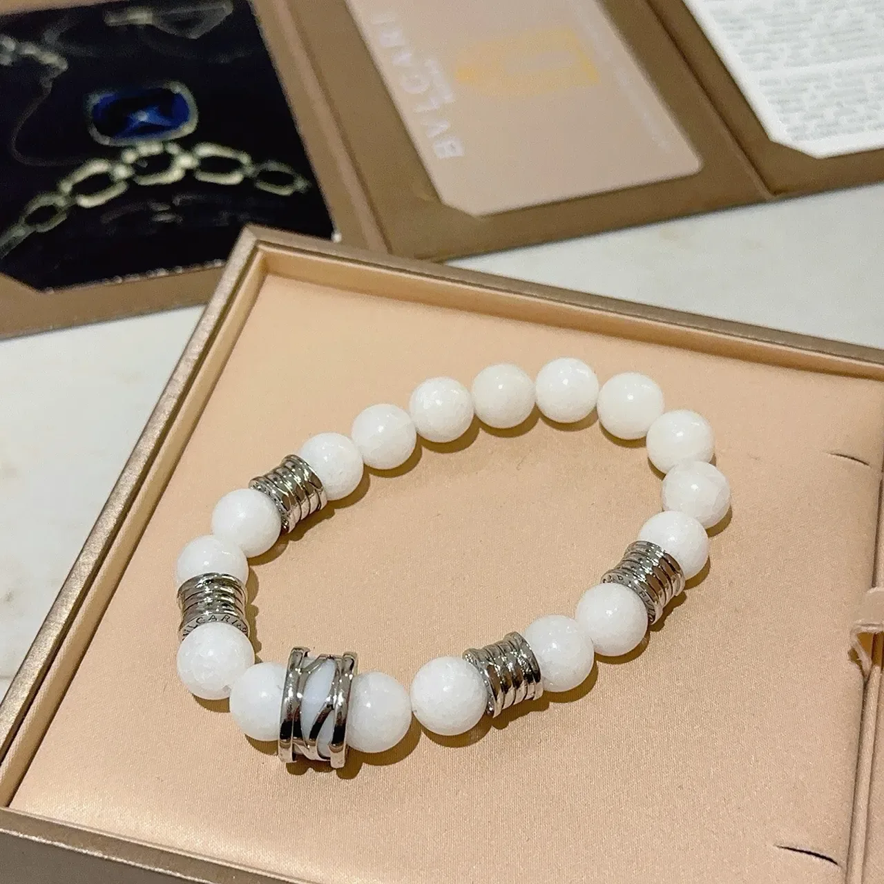 Bvlgari White Silver Beaded Stretch Bracelet 5
