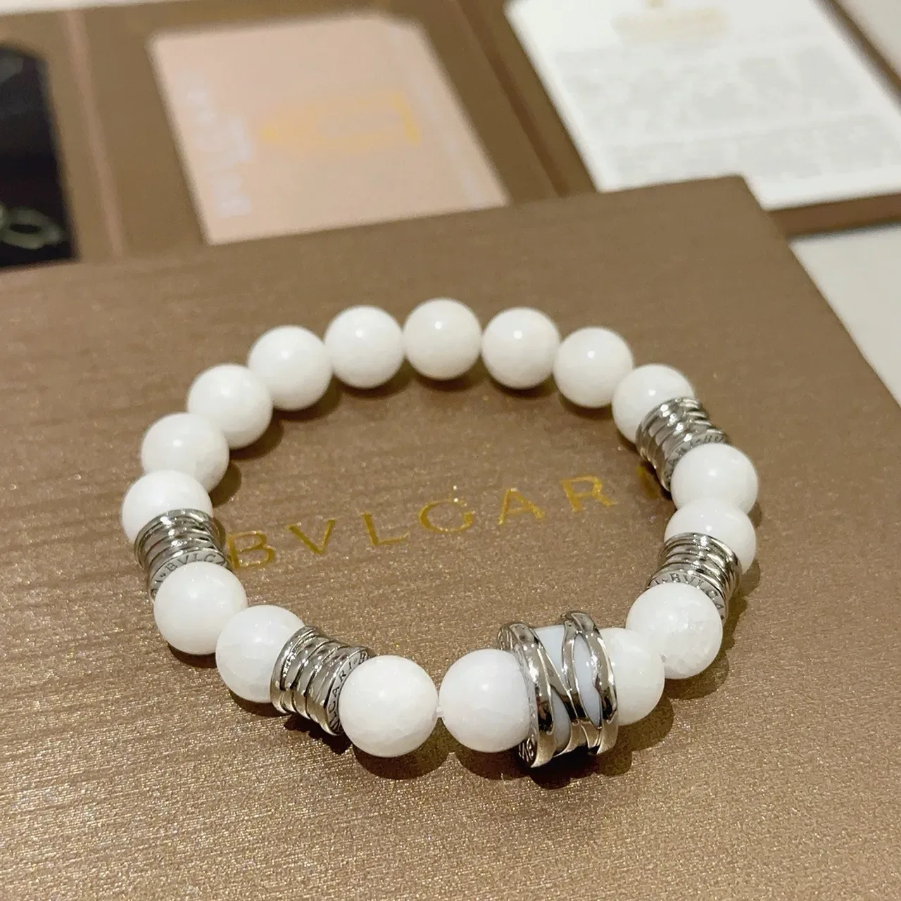 Bvlgari White Silver Beaded Stretch Bracelet 6