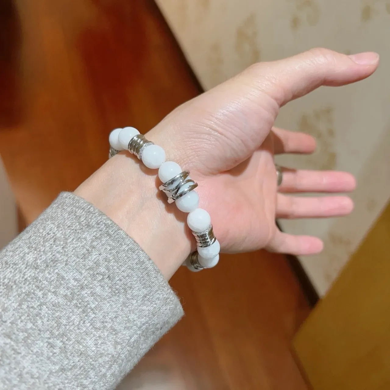 Bvlgari White Silver Beaded Stretch Bracelet 7