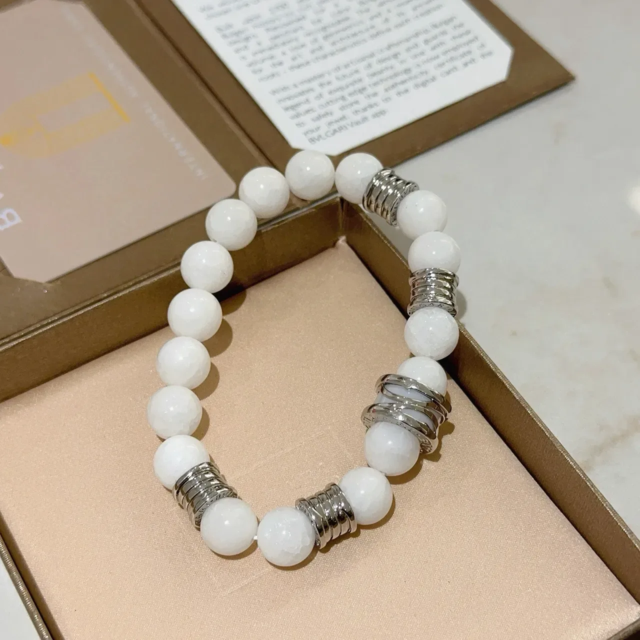 Bvlgari White Silver Beaded Stretch Bracelet 9