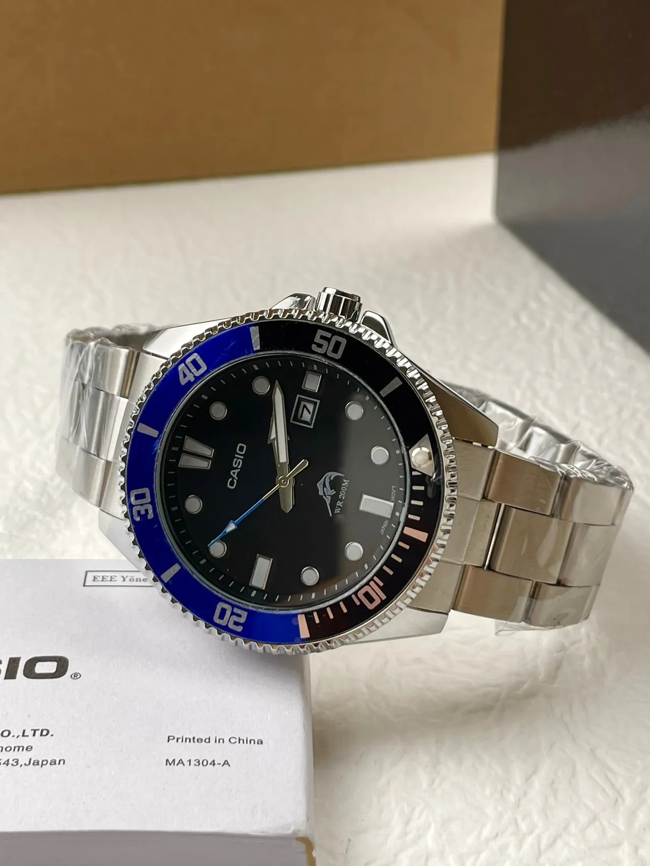 Casio Relógio de Pulseira de Aço Inoxidável Estilo Mergulhador Preto e Azul 5