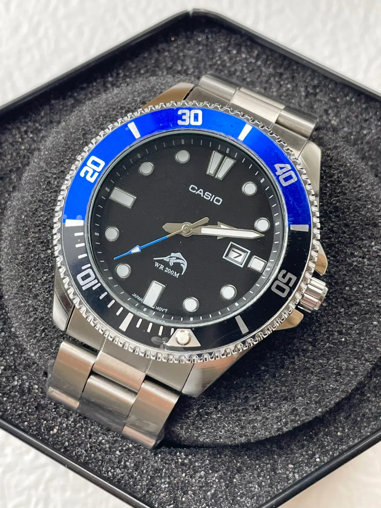 Casio Relógio de Pulseira de Aço Inoxidável Estilo Mergulhador Preto e Azul 8