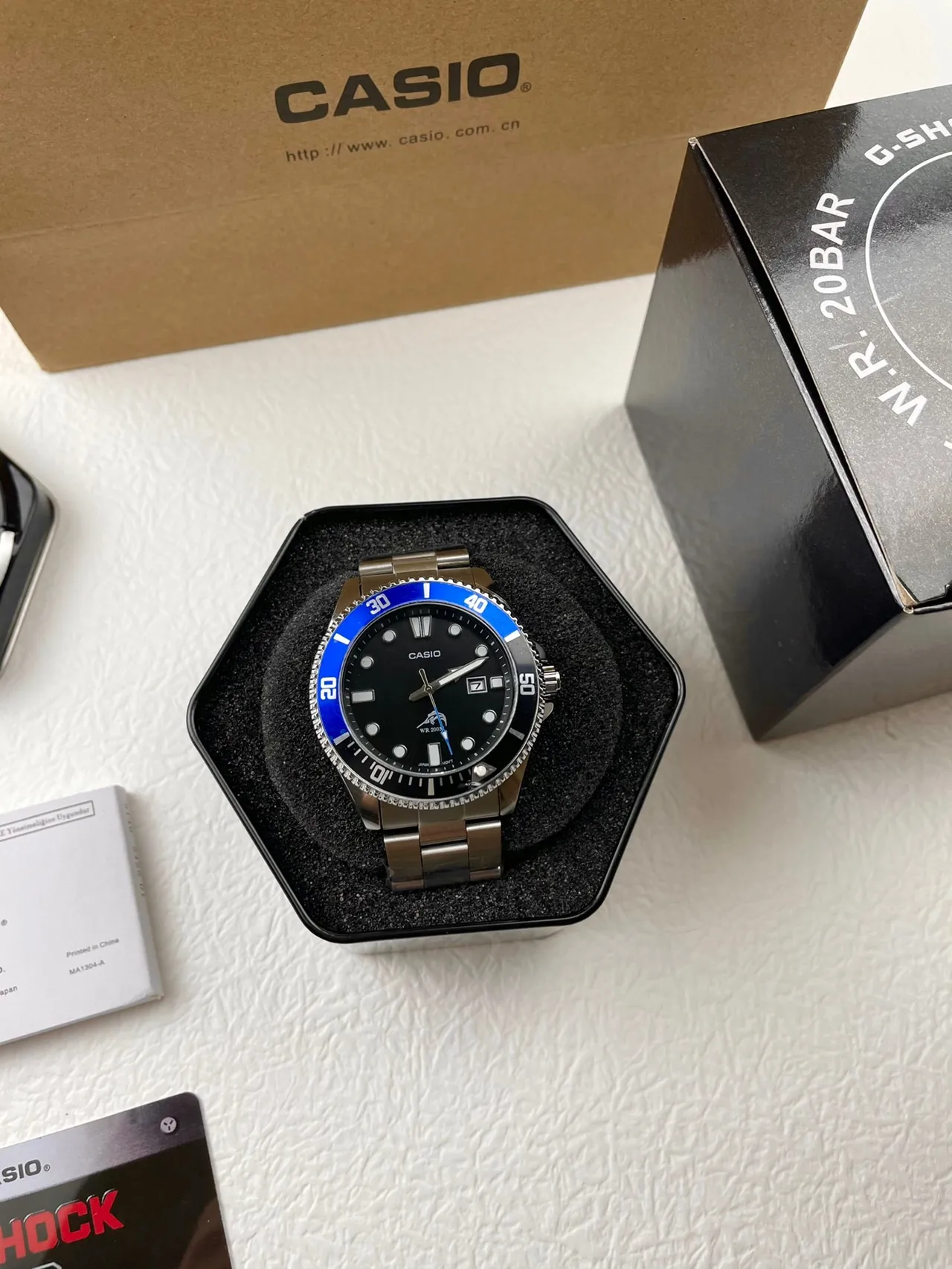 Casio Relógio de Pulseira de Aço Inoxidável Estilo Mergulhador Preto e Azul 9