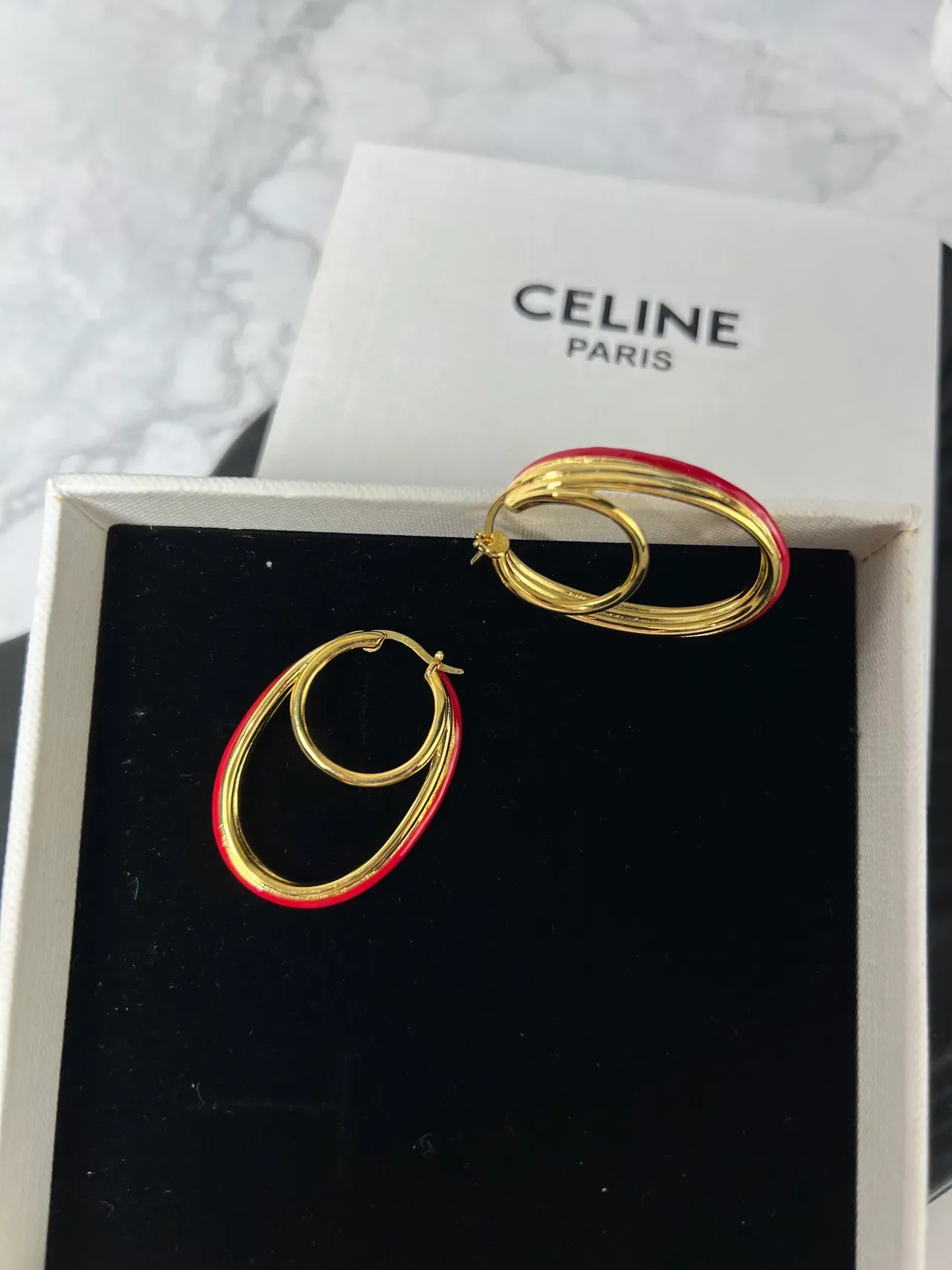 Celine Red Gold Double-Hoop Oval Earrings 2