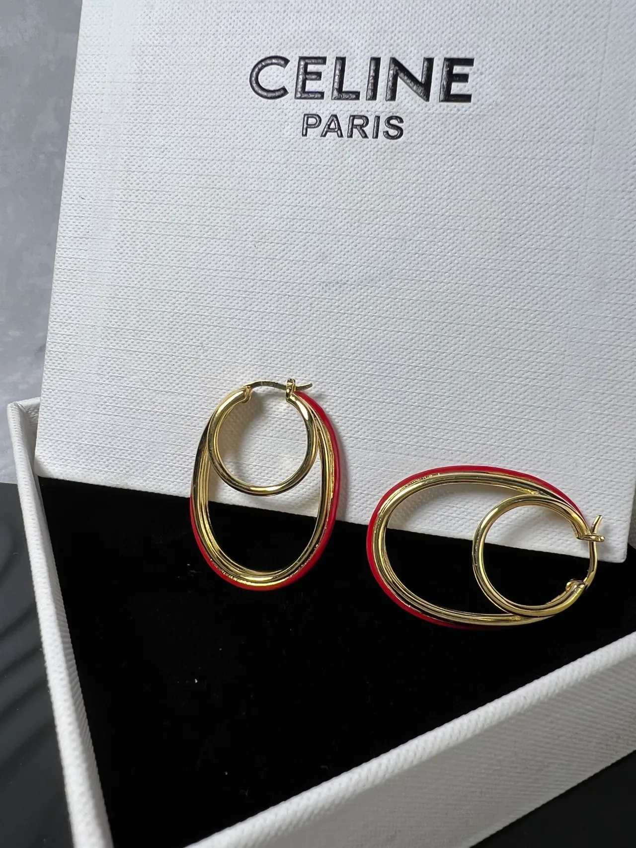 Celine Red Gold Double-Hoop Oval Earrings 6