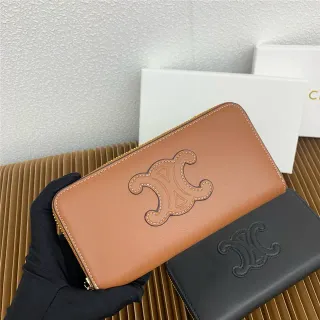 Celine Triomphe Beige Black Embossed Monogram Stitched Logo Outline Long Wallet
