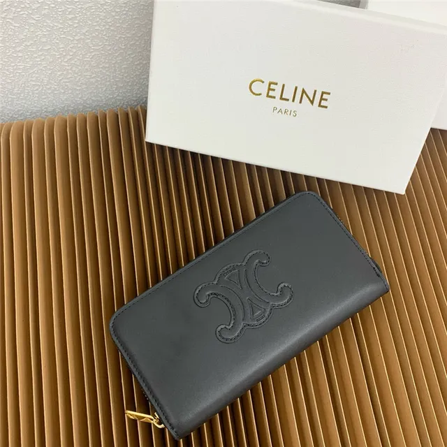 Celine Triomphe Beige Negro Embossado Monograma Cosido Logo Contorno Billetera Larga 3