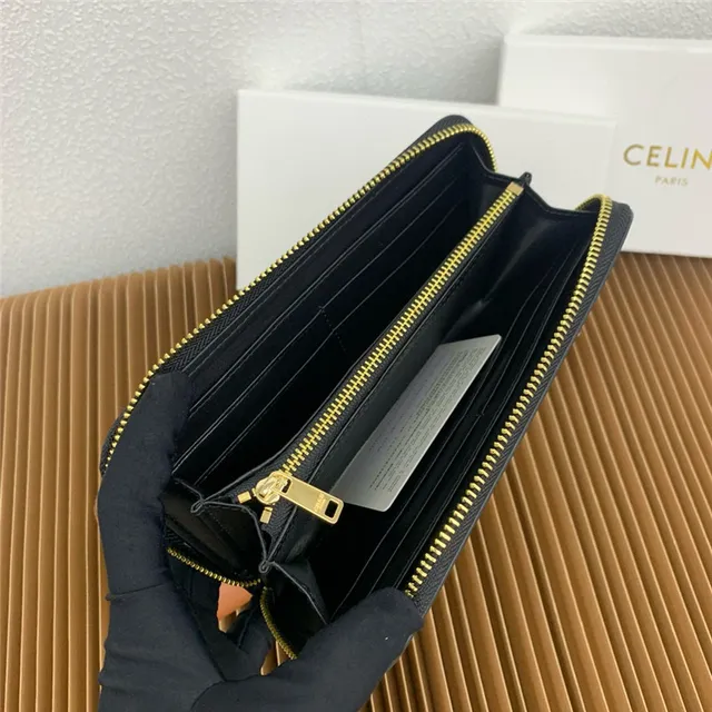 Celine Triomphe Beige Negro Embossado Monograma Cosido Logo Contorno Billetera Larga 5