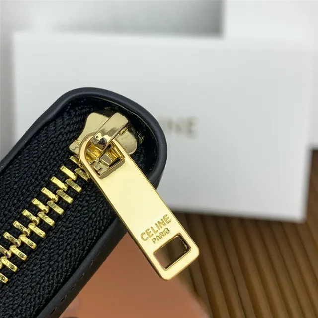 Celine Triomphe Beige Negro Embossado Monograma Cosido Logo Contorno Billetera Larga 6