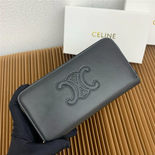 Celine Triomphe Beige Negro Embossado Monograma Cosido Logo Contorno Billetera Larga 10