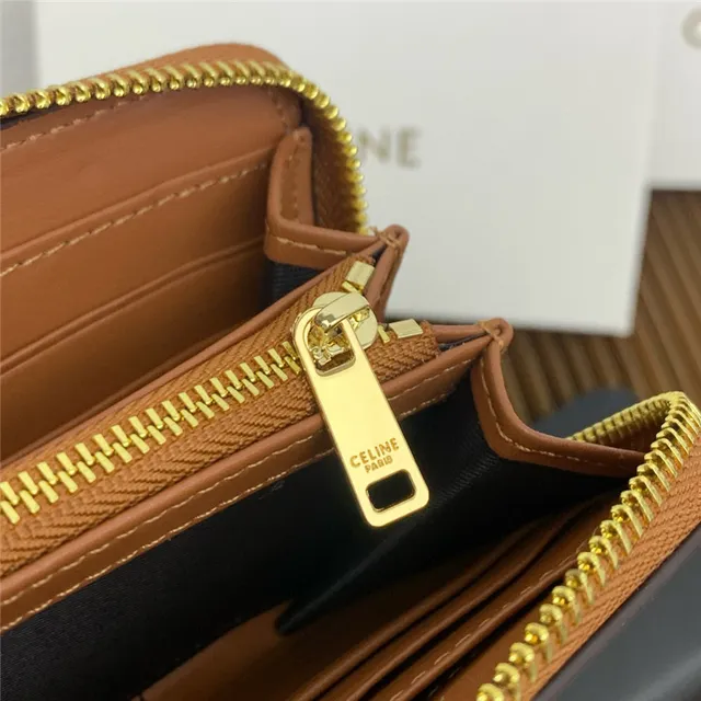 Celine Triomphe Beige Negro Embossado Monograma Cosido Logo Contorno Billetera Larga 13