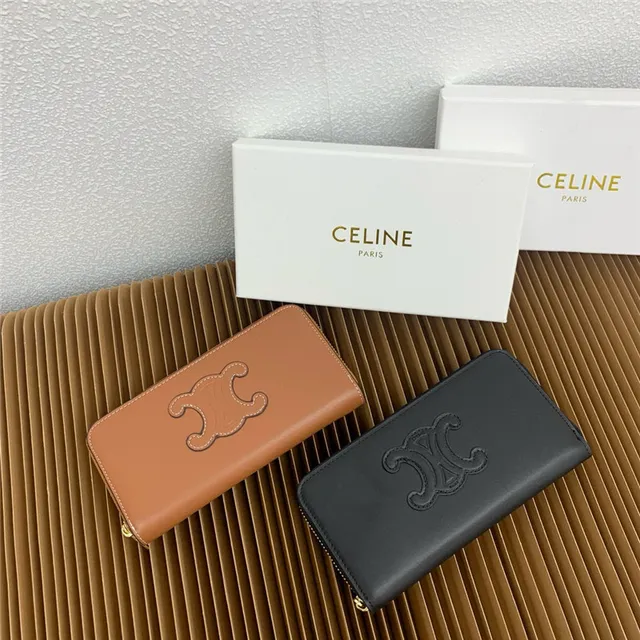 Celine Triomphe Beige Negro Embossado Monograma Cosido Logo Contorno Billetera Larga 19