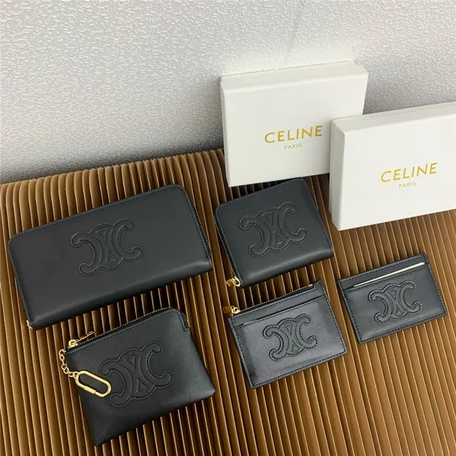 Celine Triomphe Beige Negro Embossado Monograma Cosido Logo Contorno Billetera Larga 20