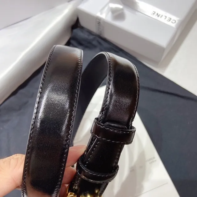 Celine Triomphe Black Gold Glossy Buckle Leather Belt 4