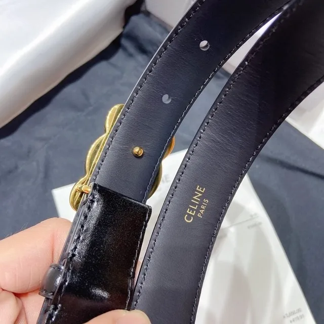 Celine Triomphe Black Gold Glossy Buckle Leather Belt 6