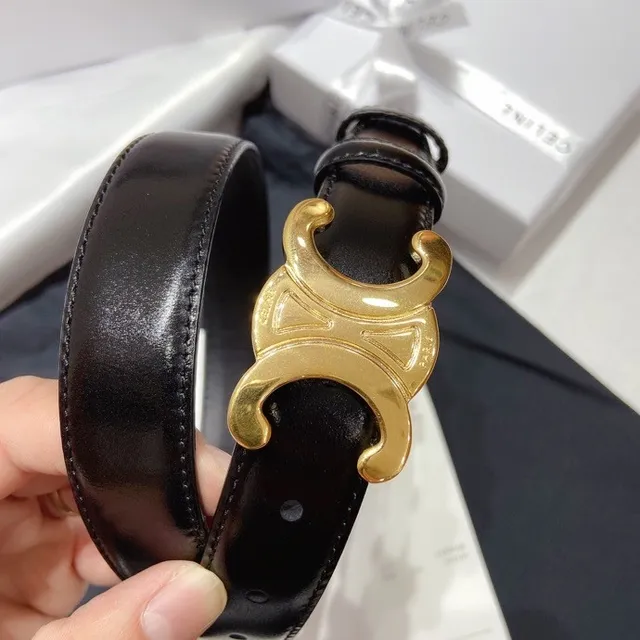 Celine Triomphe Black Gold Glossy Buckle Leather Belt 8
